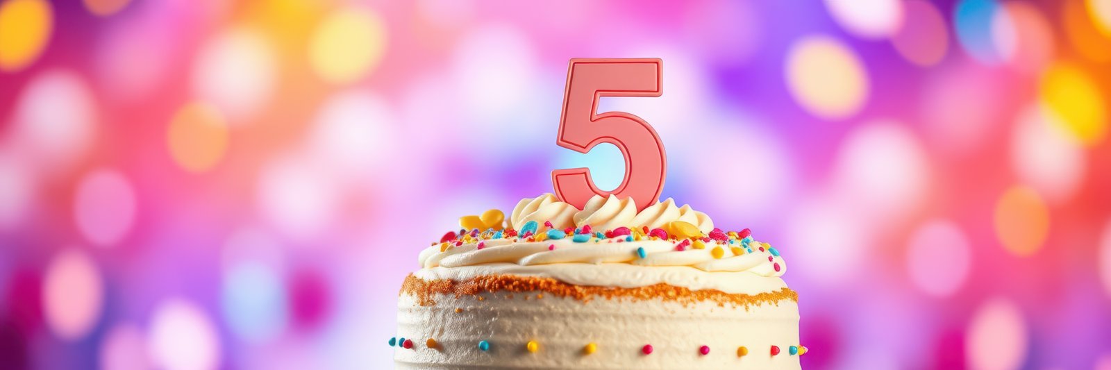 Celebration of a fifth birthday with a colorful cake and decorative number five on top